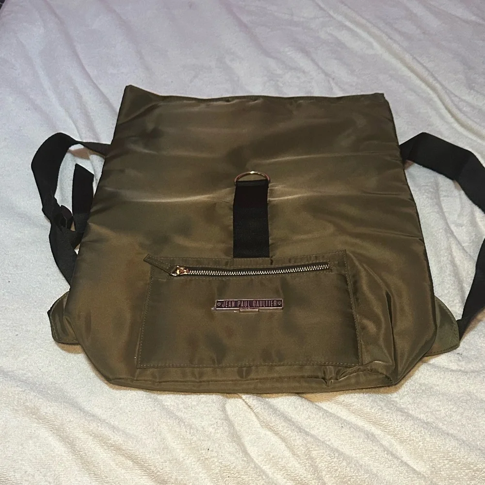Jean Paul Gaultier PARFUM Olive Green Nylon Backpack | NWOT | Orange Interior